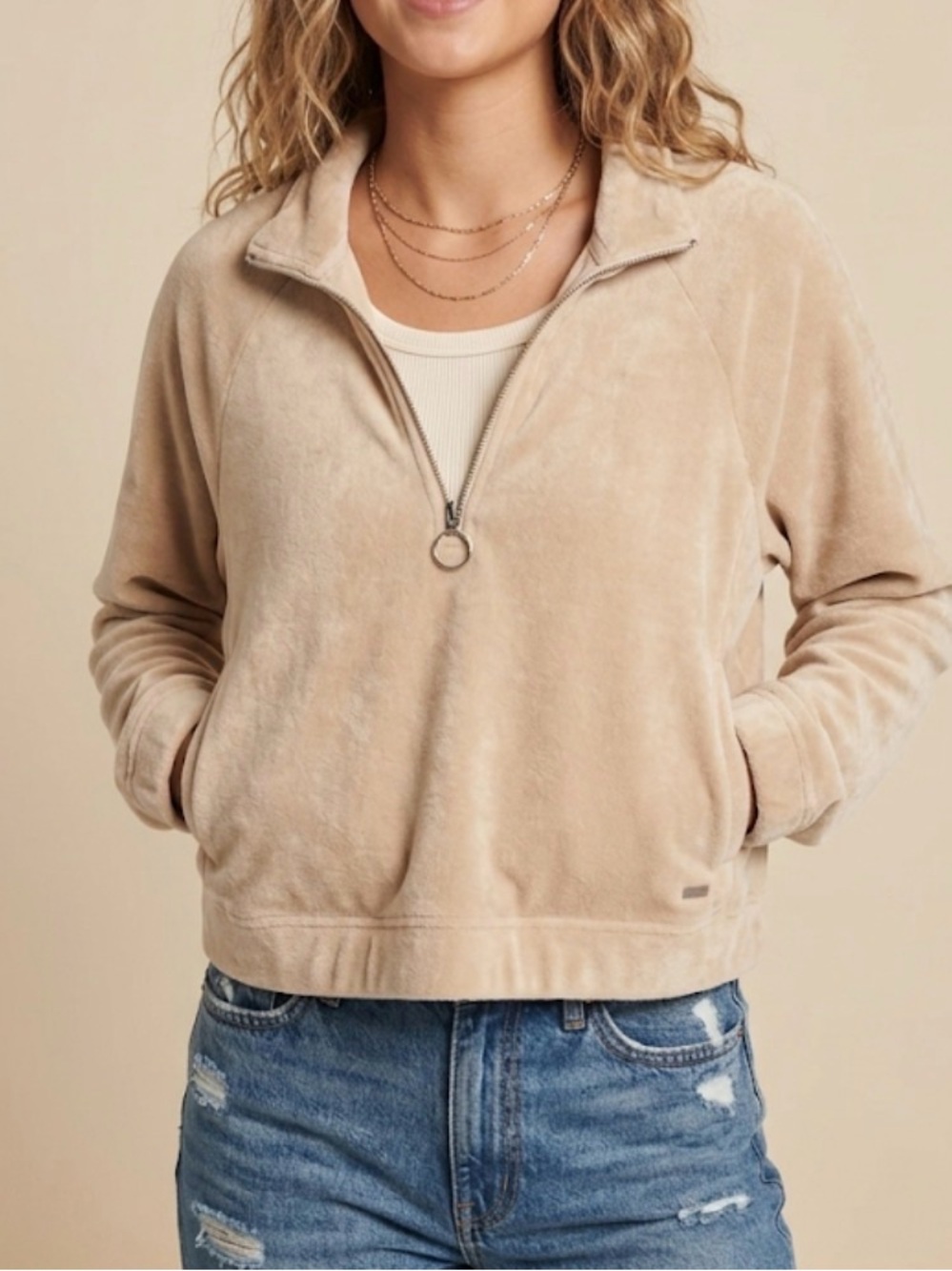 Hollister Plus 1/4 Zip Pullover Sweatshirt Beige Tan Cream Size Large
